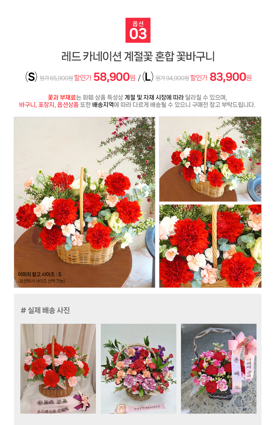 서울 인천 경기 및 전국 꽃바구니 배달 레드 카네이션 혼합 구성 안심 배송