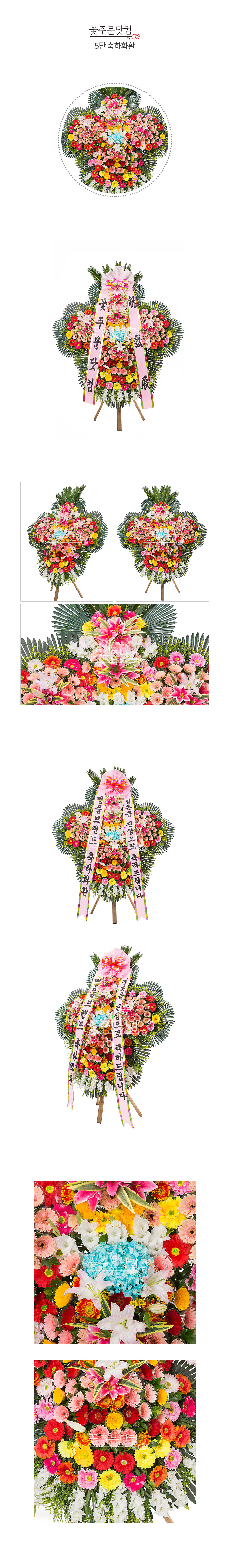 꽃주문닷컴만의 축하5단화환 압도적으로 풍성한 꽃과 가장 세련되고 생기 넘치는 생화들로 서울 (강남, 서초, 송파) 경기(분당, 판교, 일산) 등의 주요지역 개업식, 결혼식, 취임식 전용 전국 3시간 이내 당일 배송 및 리본 문구 무료 서비스 제공