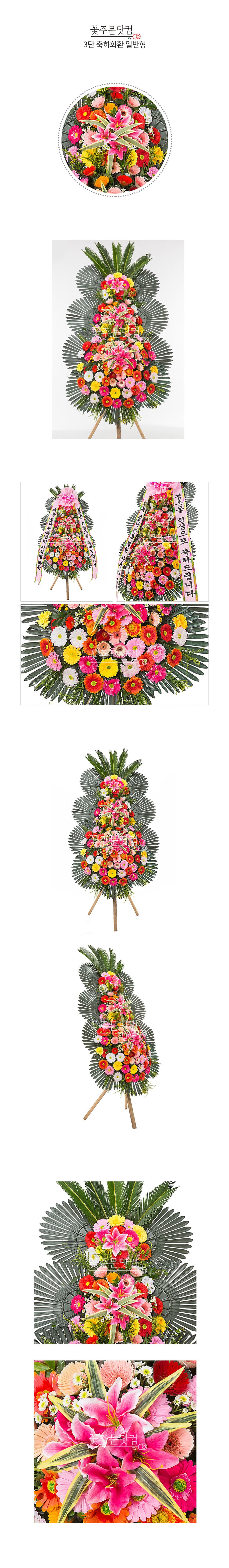 꽃주문닷컴만의 일반형 축하3단 화환: 풍성한 꽃과 세련되고 가성비 넘치는 가격으로 서울 (강남, 서초, 송파) 경기(분당, 판교, 일산) 등의 주요지역 개업식, 결혼식, 취임식 전용 전국 3시간 이내 당일 배송 및 리본 문구 무료 서비스 제공