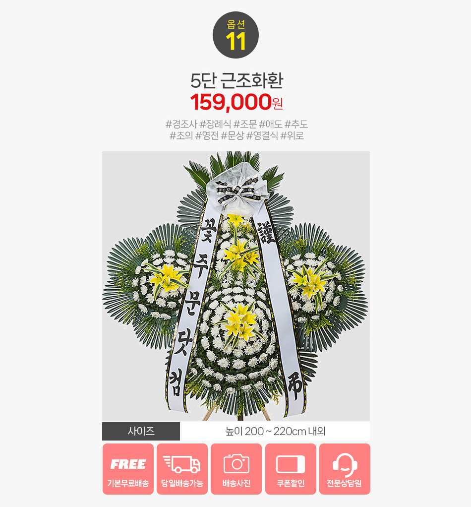 최상위 근조화환 5단 전체 디테일: 성인 남성 키를 훌쩍 넘는 압도적인 높이와 최고 사양의 구성